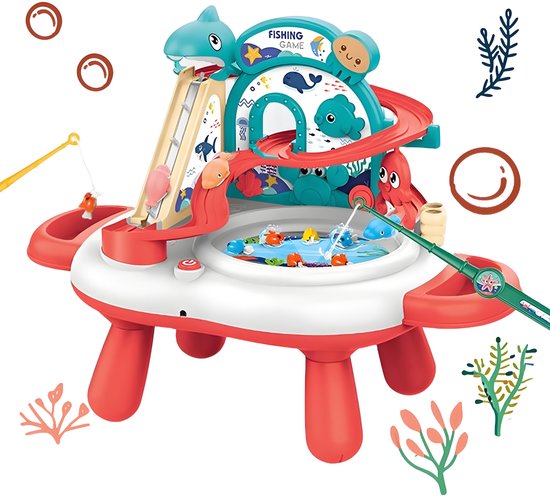 Interactieve 3-in-1 Speeltafel & Visspel - Elektrisch Speelgoed met Glijbaan, Muziek & 2 Hengels - Magnetisch Vissen Spel voor Binnen - Fishing Set Speelgoed - Speelset met Visspel - Cadeau voor Kinderen 3 Jaar, Rood