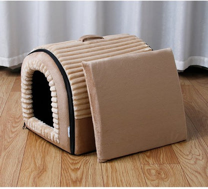 Hondenmand & Kattenhuis - 43*39*37CM - Luxe Huisdierbed - Opvouwbaar tot Sofa- Met Uitneembaar Kussen&Handvat - Wasbaar & Anti-slip - voor Middelgrote & Kleine Honden - Geschikt voor Alle Kittens - Indoor Iglo Slaapplek - Winter Warme Slaapzak -Beige
