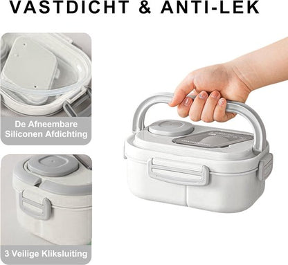 Lunchbox met sausbox ‌en bestek‌, Lekvrij Bento Box 1200ml voor Diepvries, Vaatwasser & Magnetronbestendig, met Silicone Afdichtring, Dubbele Laag met 6 Vakken Voor volwassenen en kinderen‌, ‌Wit-21*14.5*8.6cm