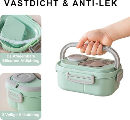 Lunchbox Set 1200+600ml voor Vaatwasser & Magnetronbestendig - Yoghurt en Muesli beker to go - broodtrommel met sausbox ‌en bestek‌ - Lunchpot met Isolerende Draagtas -Bento box voor volwassenen en kinderen‌ - Voor Werk, School, Picnic - Groen