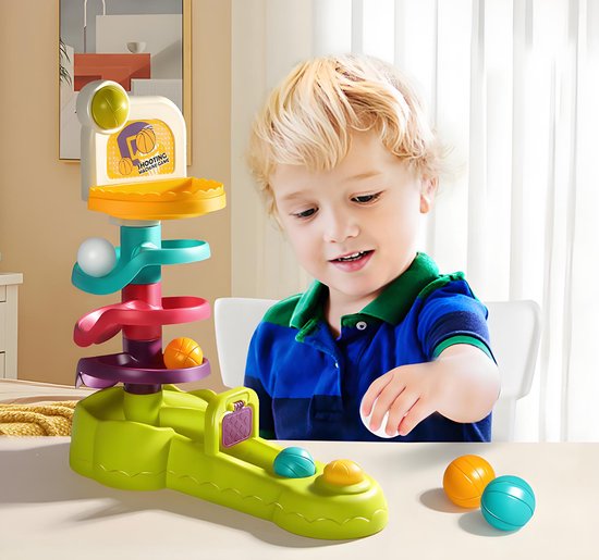 Interactieve Ballenbaan & Spiraaltoren - 3-in-1 Speelgoed met Lanceerder - Stapelen, Schieten & Rollen - Traint Oog-Handcoördinatie - Educatief Cadeau voor Peuters - Montessori speelgoed - Educatief Speelgoed - Speelgoed fijne motoriek - 18 maand+