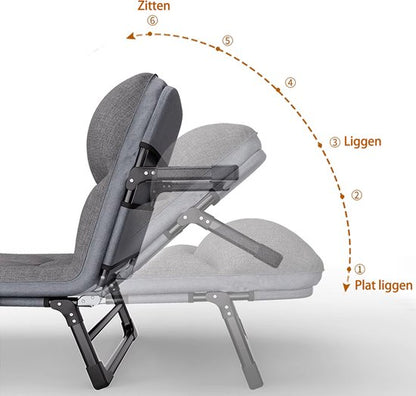 Veldbed - Campingbed - Logeerbed met kussen - Opvouwbaar Kampeerbed - 190x66x30 cm - Strandbed - Versterkt 8-Poots - Met bekerhouder - Met 3x Lendensteun - Stevig Kussen - Inklapbaar - Antraciet/Grijs - Ideaal voor Tuin, Kamperen & Reis