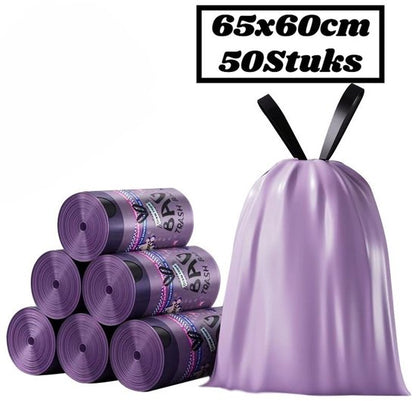 Paarse Vuilniszakken met Trekkoord - 45 Liter 50 Stuks - 65 x 60 cm - Extra Dikke Sterk HDPE Afvalzakken - Scheurvast & Lekvrij - Luxe Design - Voor Keuken & Kantoor - Ondoorzichtig & Discreet - Ideaal voor Restafval en Plastic