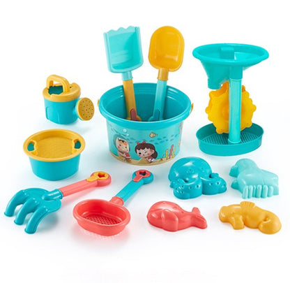 Zandspeelset 12-delige - Waterspeelset voor Kinderen – Compleet Pakket met Emmer, Gieter, Watermolen, Zandvormpjes en Schep voor Strand- en Tuinplezier - Zandbakken - Buitenspeelgoed - Speelgoed - Stevig Materiaal