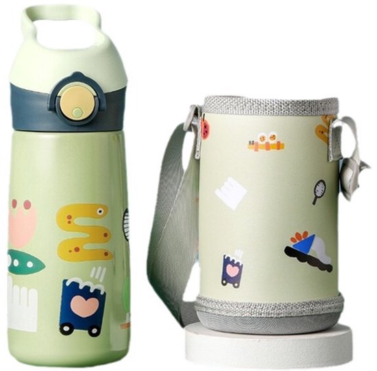 Kinder Thermosfles met Rietje 450ml - 12u Warm & 24u Koud - RVS Drinkfles met Luxe Draagtas - 100% Lekvrij & BPA-vrij - Isoleerfles Schoolbeker - Dubbelwandige Waterfles voor Jongens & Meisjes - Geschikt voor Sport, School & Onderweg - Groen