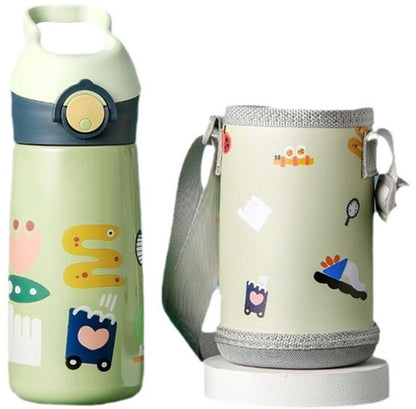 Kinder Thermosfles met Rietje 450ml - 12u Warm & 24u Koud - RVS Drinkfles met Luxe Draagtas - 100% Lekvrij & BPA-vrij - Isoleerfles Schoolbeker - Dubbelwandige Waterfles voor Jongens & Meisjes - Geschikt voor Sport, School & Onderweg - Groen