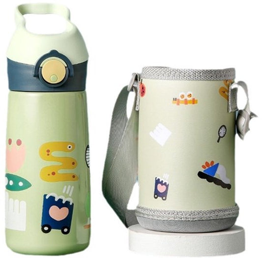 Kinder Thermosfles met Rietje 450ml - 12u Warm & 24u Koud - RVS Drinkfles met Luxe Draagtas - 100% Lekvrij & BPA-vrij - Isoleerfles Schoolbeker - Dubbelwandige Waterfles voor Jongens & Meisjes - Geschikt voor Sport, School & Onderweg - Groen