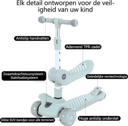 Kinderstep 3-in-1: Loopfiets + Driewieler + Step - Eénklaps Vouwbaar (Geen Montage!) - LED Lichtwielen - Verstelbaar 62-80cm - Veilig Laag Zwaartepunt - Geschikt 3-8 Jaar - Draagt 50kg - Licht Mintgroen