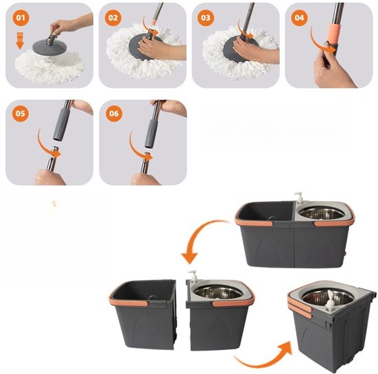 Dweilsysteem met Emmer - Mopsysteem&Mopset - Roterende Vloerwisser met RVS Centrifuge - Met Zeepdispenser & Wateruitlaat - Incl. 2 Microvezel Pads - Telescopische Steel - Voor Alle Vloeren