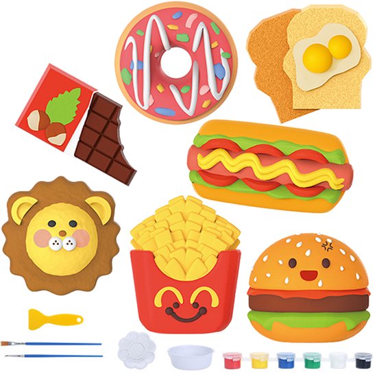 Knutselpakket Magneten Maken & Gips Gieten - DIY Creatief Speelgoed Set - Thema Eten met Hamburgers, Donuts & Frietjes - Inclusief Verf & Vormpjes - Knutselen voor Kinderen - Koelkast Magneten - Speelset - Verjaardag Cadeau Jongens & Meisjes