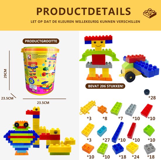 206-Delige Bouwstenen Set – Compatibel Bouwspeelgoed – Creatief Constructiespeelgoed voor Kinderen – Felle Kleuren & Diverse Vormen – Inclusief Opbergemmer