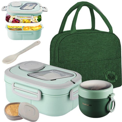 Lunchbox Set 1200+600ml voor Vaatwasser & Magnetronbestendig - Yoghurt en Muesli beker to go - broodtrommel met sausbox ‌en bestek‌ - Lunchpot met Isolerende Draagtas -Bento box voor volwassenen en kinderen‌ - Voor Werk, School, Picnic - Groen