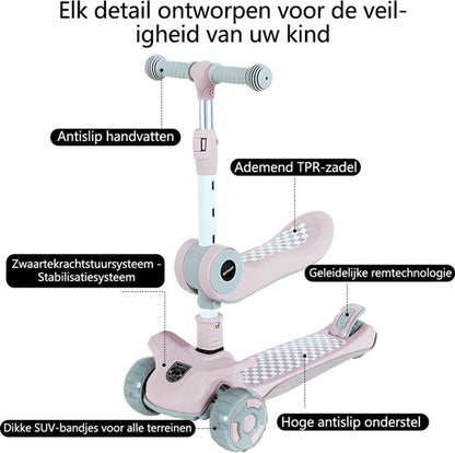 Kinderstep 3-in-1: Loopfiets + Driewieler + Step - Eénklaps Vouwbaar (Geen Montage!) - LED Lichtwielen - Verstelbaar 62-80cm - Veilig Laag Zwaartepunt - Geschikt 3-8 Jaar - Draagt 50kg - Zacht Roze