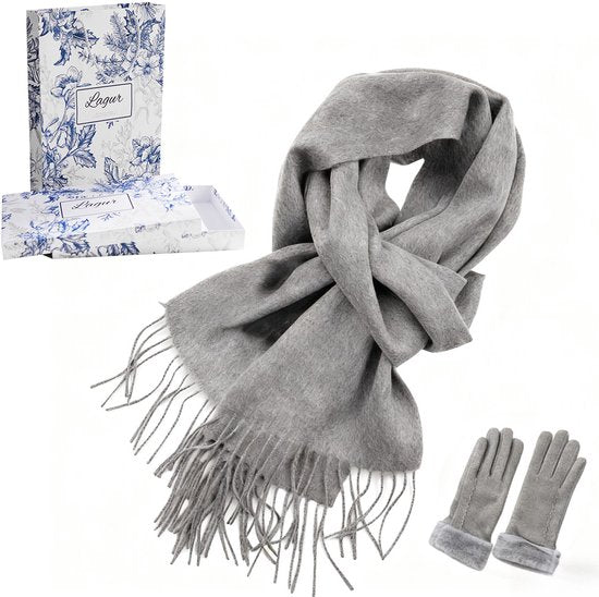 100% Cashmere Sjaal & Handschoenen Set - Winterset met Touchscreen Functie - In Chique Geschenkverpakking - Zacht Kasjmier - Verjaardag Cadeau voor Vrouwen - Grijs
