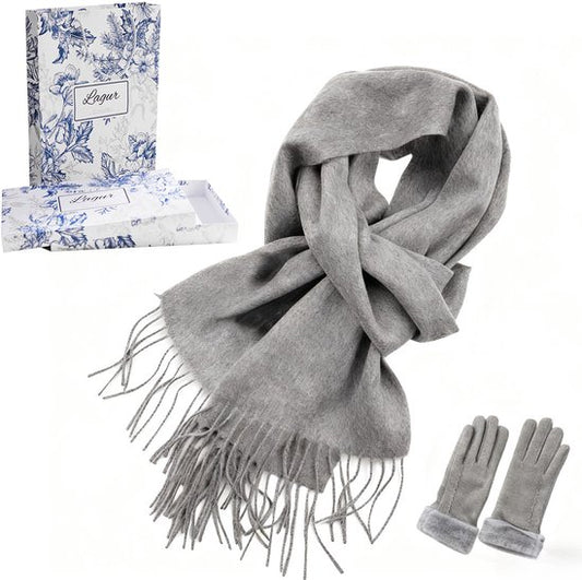 100% Cashmere Sjaal & Handschoenen Set - Winterset met Touchscreen Functie - In Chique Geschenkverpakking - Zacht Kasjmier - Verjaardag Cadeau voor Vrouwen - Grijs