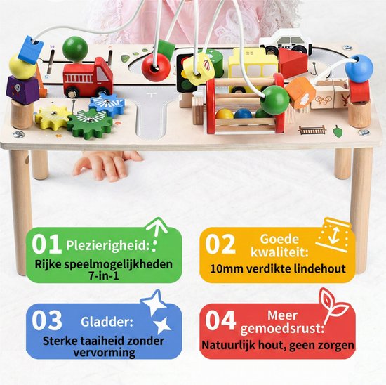 Houten Activity Center Speeltafel - 7-in-1 Educatief Montessori Speelgoed voor Peuters - Fijne Motoriek Training - Verkeer & Auto's Thema - Kralenframe & Vormenstoof - Educatief Activiteitenbord - Kraamcadeau - Baby Busy Board - 12 Maand +