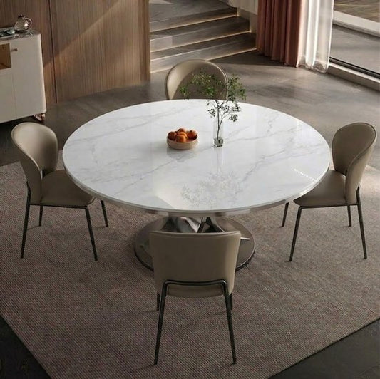 Ronde Eettafel Set met 4 Stoelen - eettafel marmerlook - Stalen poten - Glanzende afwerking - Onderhoudsvriendelijk - Sintered Stone (Keramiek) 12mm met Metalen Rand - Ø 150 cm - Sneeuwwit - Microvezel Leer & Koolstofstaal