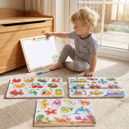 Educatieve Houten Knoppenpuzzel - Fruit - 2-in-1 Vormenpuzzel & Whiteboard inclusief Stift - Montessori Speelgoed voor Peuters - Blokpuzzel kind - Educatief Spel voor 3 4 5 6 7 Jaar - Ontwikkeling Fijne Motoriek