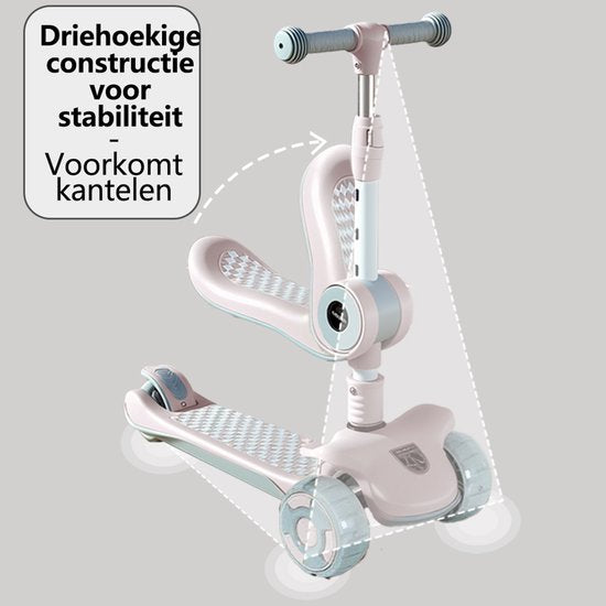 Kinderstep 3-in-1: Loopfiets + Driewieler + Step - Eénklaps Vouwbaar (Geen Montage!) - LED Lichtwielen - Verstelbaar 62-80cm - Veilig Laag Zwaartepunt - Geschikt 3-8 Jaar - Draagt 50kg - Zacht Roze