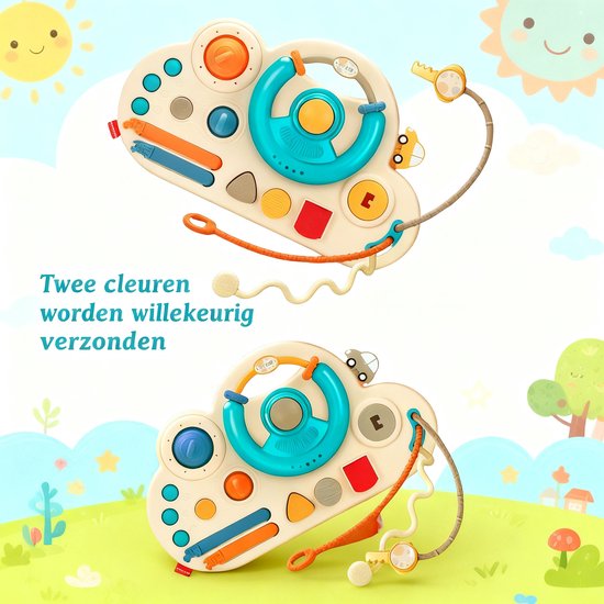 Montessori Baby Speelgoed & Busy Board - Fijne Motoriek Training - Interactief Auto Stuur met Geluid, Sleutels, Bijtring & Trektouw - Educatief Kinderen - Activity centre - Educatief Activiteitenbord - Kraamcadeau - Verjaardag Cadeau - 18 Maand +