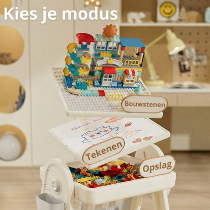 Kindertafel Met 1 Stoel + 2 Bakjes + 209 Grote Bouwstenen- 2-in-1 Bouwtafel & Leertafel - Speeltafel Geschikt voor Lego® & Duplo® blokken - Blokken Tafel Kinderen - Legotafel- zandtafel - watertafel - Ideaal Cadeau voor Verjaardagen, Wit