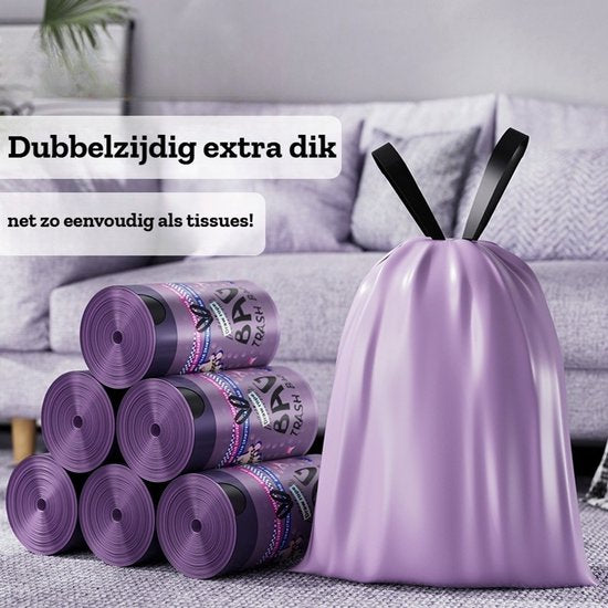 Paarse Vuilniszakken met Trekkoord - 45 Liter 100 Stuks - 65 x 60 cm - Extra Dikke Sterk HDPE Afvalzakken - Scheurvast & Lekvrij - Luxe Design - Voor Keuken & Kantoor - Ondoorzichtig & Discreet - Ideaal voor Restafval en Plastic