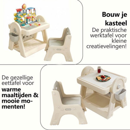 Kindertafel Met 1 Stoel + 2 Bakjes + 209 Grote Bouwstenen- 2-in-1 Bouwtafel & Leertafel - Speeltafel Geschikt voor Lego® & Duplo® blokken - Blokken Tafel Kinderen - Legotafel- zandtafel - watertafel - Ideaal Cadeau voor Verjaardagen, Wit