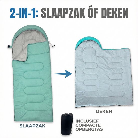 Lichtgewicht Slaapzak 1kg voor Kinderen - Compacte Envelop Slaapzak met Capuchon - 170x70 cm - Waterafstotend 380T Nylon - 4 Seizoenen - Machine Wasbaar - Ideaal voor Kamperen, Logeren & Wandelen - 2×Wegs Rits Inclusief Compressiezak - Muntgroen