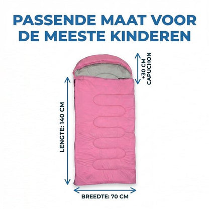 Lichtgewicht Slaapzak 1kg voor Kinderen - Compacte Envelop Slaapzak met Capuchon - 170x70 cm - Waterafstotend 380T Nylon - 4 Seizoenen - Machine Wasbaar - Ideaal voor Kamperen, Logeren & Wandelen - 2×Wegs Rits Inclusief Compressiezak - Roze