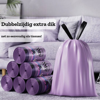Paarse Vuilniszakken met Trekkoord - 45 Liter 50 Stuks - 65 x 60 cm - Extra Dikke Sterk HDPE Afvalzakken - Scheurvast & Lekvrij - Luxe Design - Voor Keuken & Kantoor - Ondoorzichtig & Discreet - Ideaal voor Restafval en Plastic