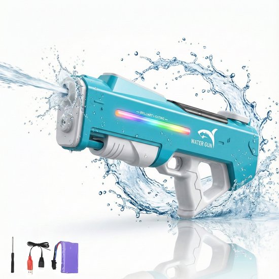 Elektrisch Waterpistool 46cm XL - 7m Bereik - 350ml - Water Pistool met Licht - Automatisch Watergeweer - Super Soaker - Waterspeelgoed - Elektrisch speelgoed - Buitenspeelgoed voor Kinderen & Volwassenen - Inclusief batterij - USB Oplaadbaar - Blauw