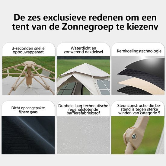 Automatische Pop-up Tent - Vierhoekige Kampeertent voor 2-3 Personen - Waterdicht met Vaste Zonnekap - Inclusief Draagtas - Ideaal voor Gezinscamping en Festivals - Met Verzilverde UV-Block Coating - Snelle 3-Seconden Opzet - Wit