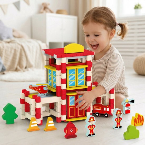 Houten Bouwstenen Set met Pen-en-Gatverbinding - Brandweerkazerne - 3D Puzzel & Constructie Speelgoed - Hout blokjes Peuter Cadeau - Rollenspellen - Bouwblokken - Educatief Montessori Speelgoed voor Kinderen - Vanaf 3 Jaar - Rood