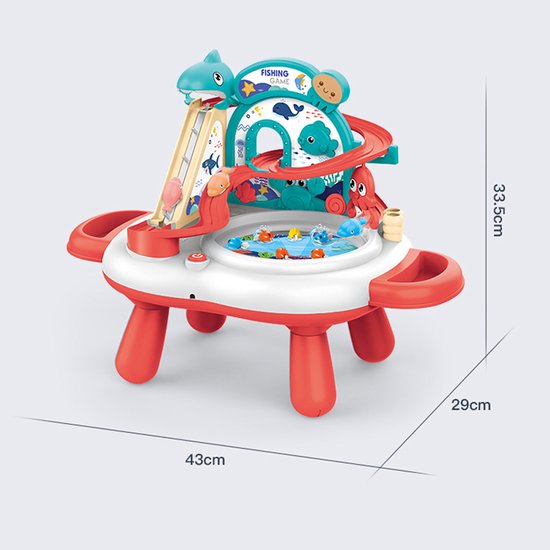 Interactieve 3-in-1 Speeltafel & Visspel - Elektrisch Speelgoed met Glijbaan, Muziek & 2 Hengels - Magnetisch Vissen Spel voor Binnen - Fishing Set Speelgoed - Speelset met Visspel - Cadeau voor Kinderen 3 Jaar, Rood