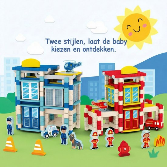 Houten Bouwstenen Set met Pen-en-Gatverbinding - Brandweerkazerne - 3D Puzzel & Constructie Speelgoed - Hout blokjes Peuter Cadeau - Rollenspellen - Bouwblokken - Educatief Montessori Speelgoed voor Kinderen - Vanaf 3 Jaar - Rood