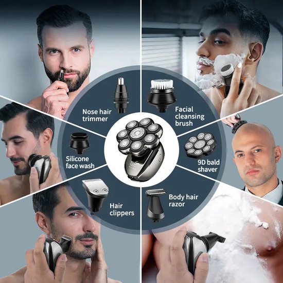 6-in-1 Scheerapparaat Mannen – Trimmer - Tondeuse - Gezicht en Hoofd Scheerapparaat - Schedel Scheerapparaat -Hoofd Kaal Scheren - Nat&Droog - Elektrisch - 10×Opzetstukken