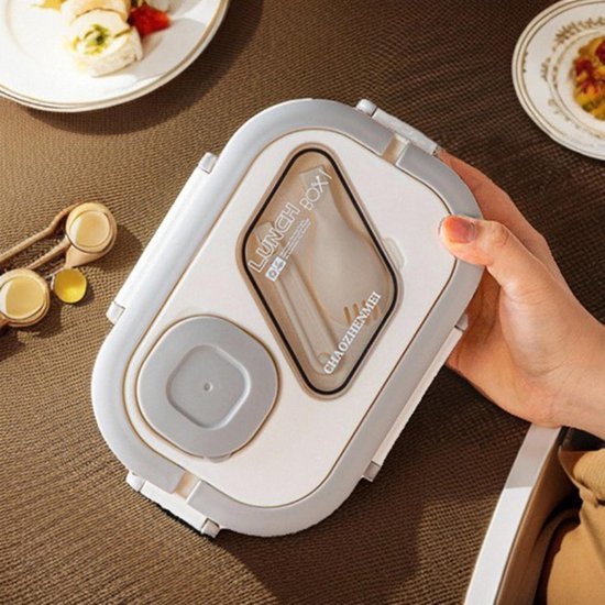 Lunchbox met sausbox ‌en bestek‌, Lekvrij Bento Box 1200ml voor Diepvries, Vaatwasser & Magnetronbestendig, met Silicone Afdichtring, Dubbele Laag met 6 Vakken Voor volwassenen en kinderen‌, ‌Wit-21*14.5*8.6cm