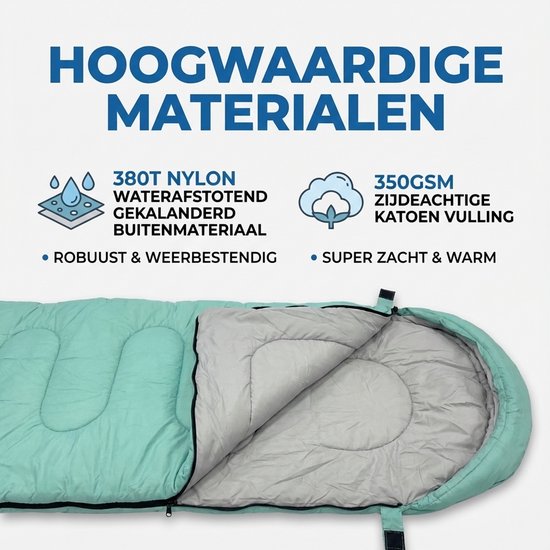 Lichtgewicht Slaapzak 1kg voor Kinderen - Compacte Envelop Slaapzak met Capuchon - 170x70 cm - Waterafstotend 380T Nylon - 4 Seizoenen - Machine Wasbaar - Ideaal voor Kamperen, Logeren & Wandelen - 2×Wegs Rits Inclusief Compressiezak - Muntgroen