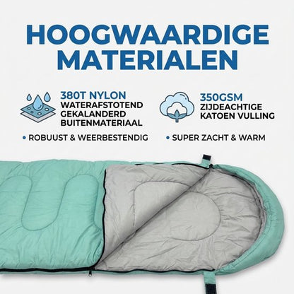 Lichtgewicht Slaapzak 1kg voor Kinderen - Compacte Envelop Slaapzak met Capuchon - 170x70 cm - Waterafstotend 380T Nylon - 4 Seizoenen - Machine Wasbaar - Ideaal voor Kamperen, Logeren & Wandelen - 2×Wegs Rits Inclusief Compressiezak - Muntgroen