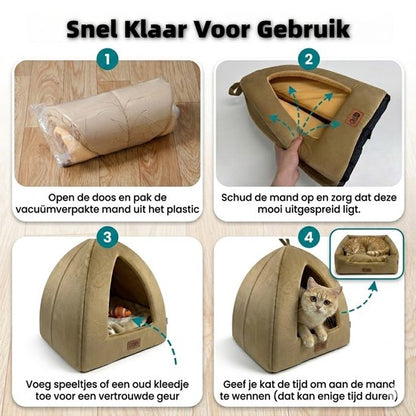 Kattenmand - 2-in-1 Kattenbed - Kattenhuis - Poezenmand - Dierenmand - 48*45*45cm - Opvouwbare Huisdier Tent - Open Sofa - Zacht Pluche Slaapplek - Uitneembaar Binnenkussen - Wasbaar & Anti-slip - Geschikt voor kleine honden en alle katten - Khaki