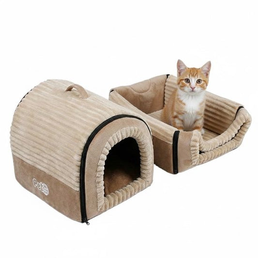 Hondenmand & Kattenhuis - 43*39*37CM - Luxe Huisdierbed - Opvouwbaar tot Sofa- Met Uitneembaar Kussen&Handvat - Wasbaar & Anti-slip - voor Middelgrote & Kleine Honden - Geschikt voor Alle Kittens - Indoor Iglo Slaapplek - Winter Warme Slaapzak -Beige
