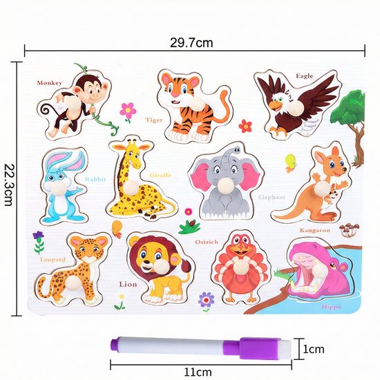Educatieve Houten Knoppenpuzzel - Dieren - 2-in-1 Vormenpuzzel & Whiteboard inclusief Stift - Montessori Speelgoed voor Peuters - Blokpuzzel kind - Educatief Spel voor 3 4 5 6 7 Jaar - Ontwikkeling Fijne Motoriek