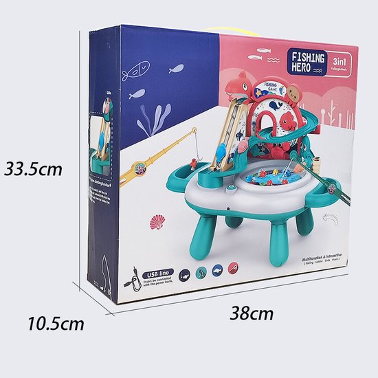 Interactieve 3-in-1 Speeltafel & Visspel - Elektrisch Speelgoed met Glijbaan, Muziek & 2 Hengels - Magnetisch Vissen Spel voor Binnen - Fishing Set Speelgoed - Speelset met Visspel - Cadeau voor Kinderen 3 Jaar, Groen