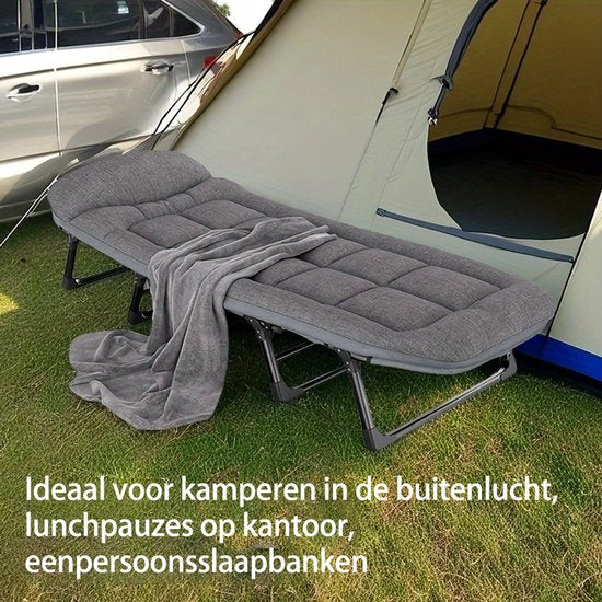 Veldbed - Camping bed - Logeerbed met Kussen- Opvouwbaar Kampeerbed - 190x66x30 cm - Strandbed - Versterkt 8-Poots - Met 3x Lendensteun - Stevig Kussen - Inklapbaar - Antraciet/Grijs - Ideaal voor Tuin, Kamperen & Reis
