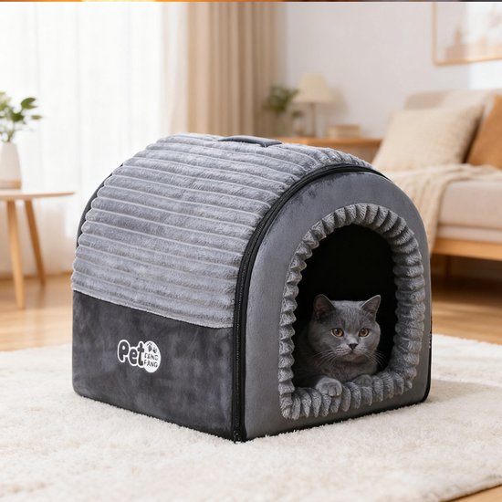 Hondenmand & Kattenhuis - 43*39*37CM - Luxe Huisdierbed - Opvouwbaar tot Sofa- Met Uitneembaar Kussen&Handvat - Wasbaar & Anti-slip - voor Middelgrote & Kleine Honden - Geschikt voor Alle Kittens - Indoor Iglo Slaapplek - Winter Warme Slaapzak -Grijs