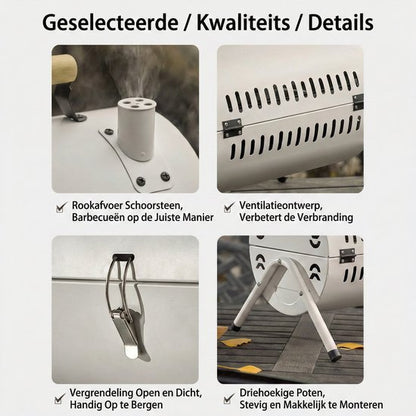 Luxe Draagbare Tafelbarbecue Houtskool - 2-in-1 Smoker & Open Grill - Met Grillplaat & Deksel - Compacte Camping BBQ voor Balkon & Park - Dubbel Grilloppervlak - Houtskool Barbecue - Ideaal voor Buiten - Houtskool BBQ - Wit, 25.5 x 37.5 x 39 cm