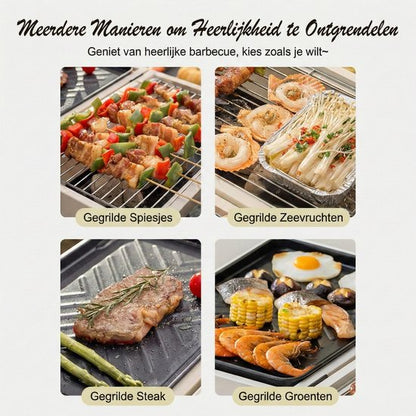 Luxe Draagbare Tafelbarbecue Houtskool - 2-in-1 Smoker & Open Grill - Met Grillplaat & Deksel - Compacte Camping BBQ voor Balkon & Park - Dubbel Grilloppervlak - Houtskool Barbecue - Ideaal voor Buiten - Houtskool BBQ - Wit, 25.5 x 37.5 x 39 cm