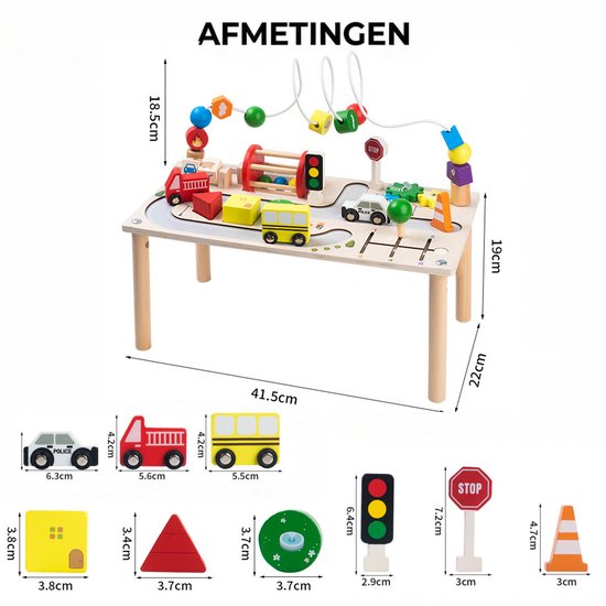 Houten Activity Center Speeltafel - 7-in-1 Educatief Montessori Speelgoed voor Peuters - Fijne Motoriek Training - Verkeer & Auto's Thema - Kralenframe & Vormenstoof - Educatief Activiteitenbord - Kraamcadeau - Baby Busy Board - 12 Maand +