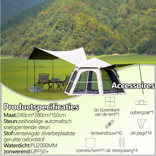 Pop-up Familietent met XXL Zonnescherm - 4-Persoons Koepeltent - Opzetten in 3 Seconden - Inclusief Voorluifel voor Extra Leefruimte - Waterdichte kampeertent - pop up tent voor Kamperen - festival tent + Draagtas - Wit