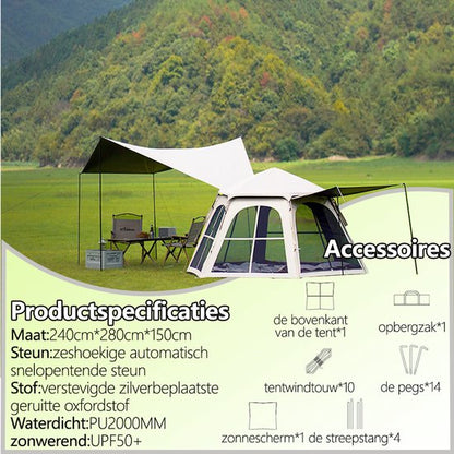 Pop-up Familietent met XXL Zonnescherm - 4-Persoons Koepeltent - Opzetten in 3 Seconden - Inclusief Voorluifel voor Extra Leefruimte - Waterdichte kampeertent - pop up tent voor Kamperen - festival tent + Draagtas - Wit